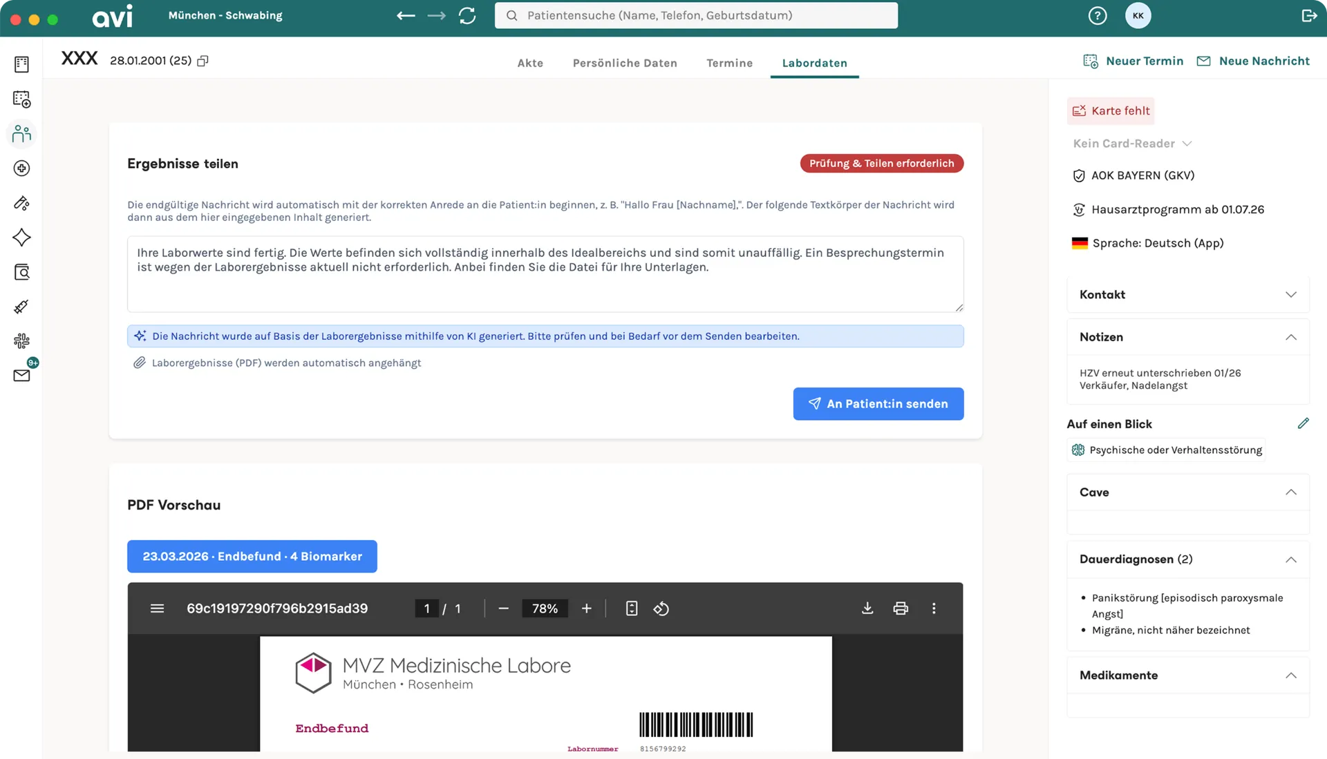 avi Praxissoftware — Laborbefund teilen